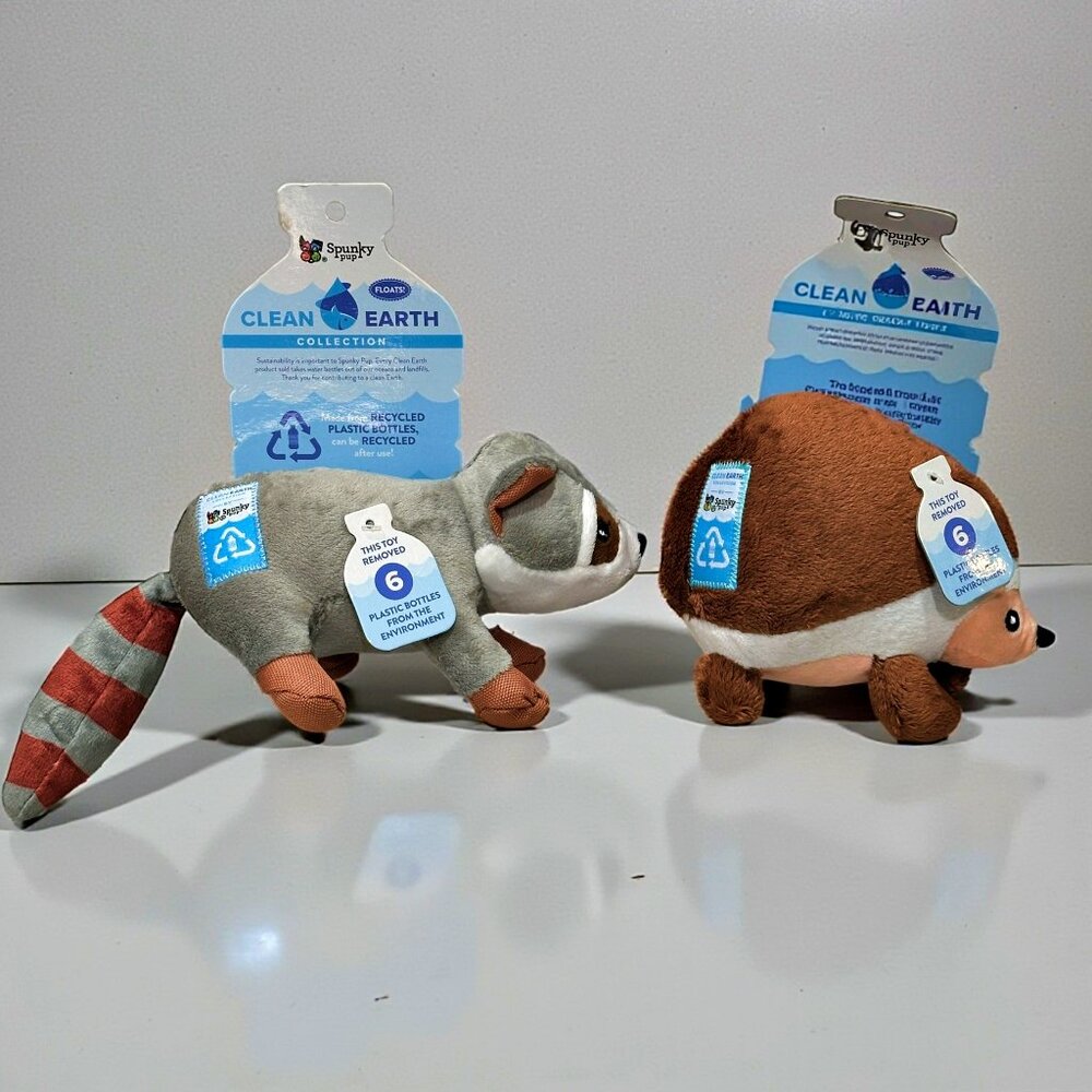 SPUNKY PUP Clean Earth Hedgehog and Raccoon Stuffed Dog Toys Squeaks Floats ECO
